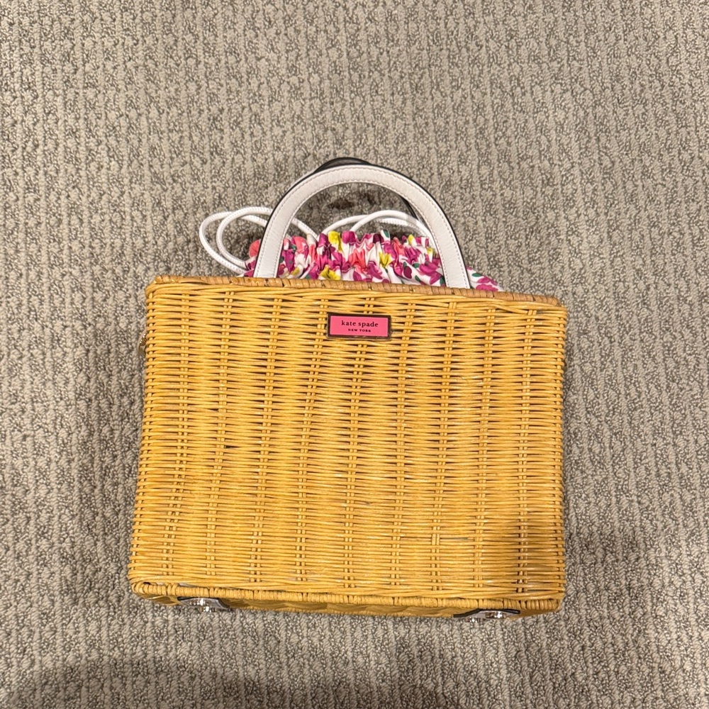 Kate Spade Yellow Wicker Tote with Floral Accent